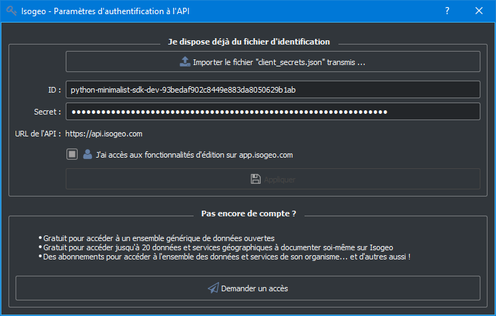 Formulaire d'authentification d'Isogeo to Office à l'API Isogeo