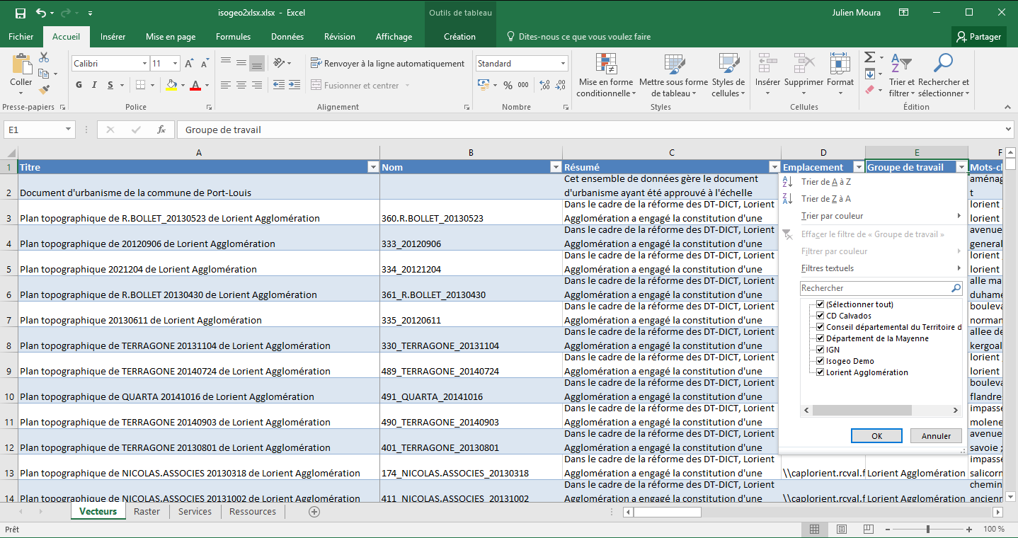 Aperçu du tableur Excel produit par Isogeo to Office