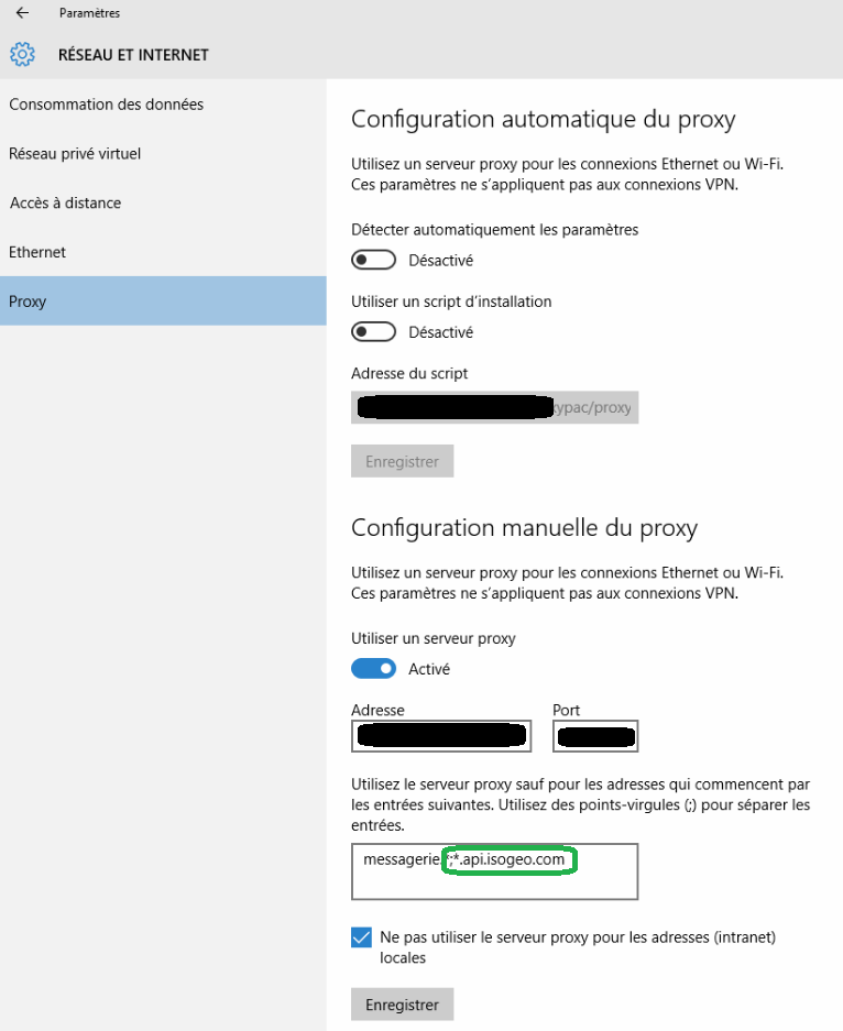 Configuration du proxy sous Windows 10 pour autoriser les connexions vers l'API Isogeo
