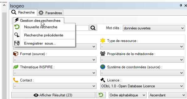 "Menu de gestion des recherches enregistrées"